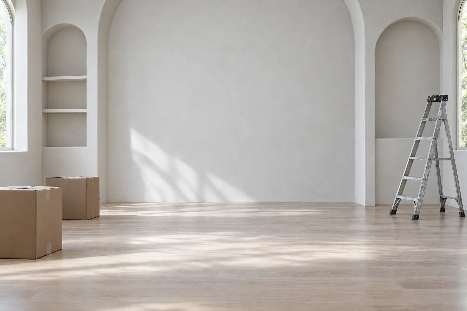 Der Raum vorher: leer, weiße Wände, Umzugskartons und eine Leiter
